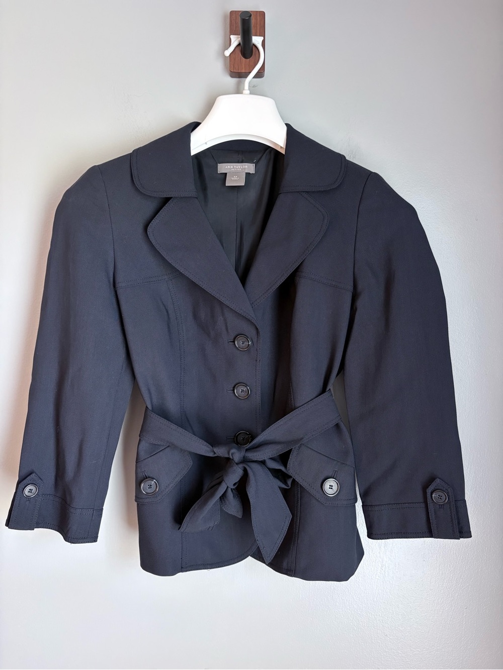 Ann Taylor Petites Navy Virgin Wool Blend Belted Trench Blazer Jacket 4P
